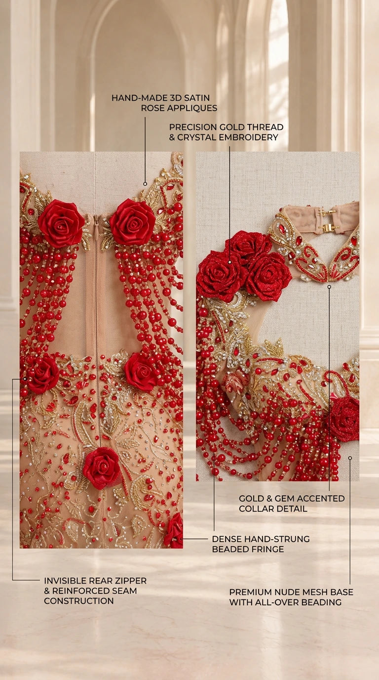 Close-up details of 3D satin roses, crystal embroidery, and beaded capelet fringe