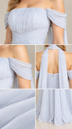 Close-up details of ruched bodice, draped sleevelets, and chiffon texture in light blue