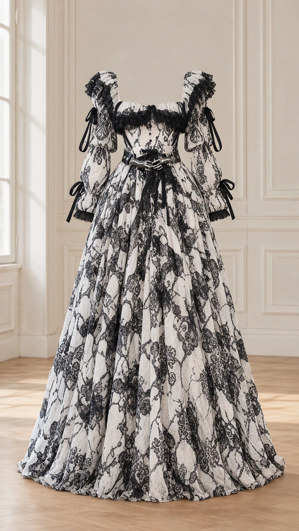 Ghost mannequin display of white and black Victorian puff sleeve ball gown with lace motif