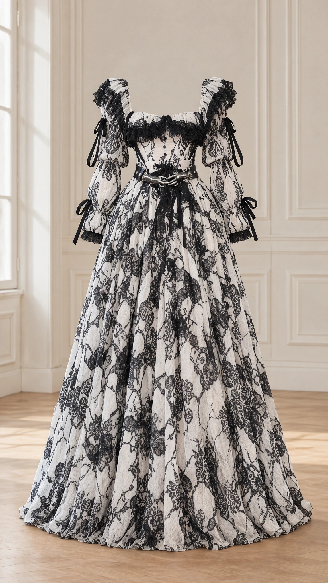Ghost mannequin display of white and black Victorian puff sleeve ball gown with lace motif