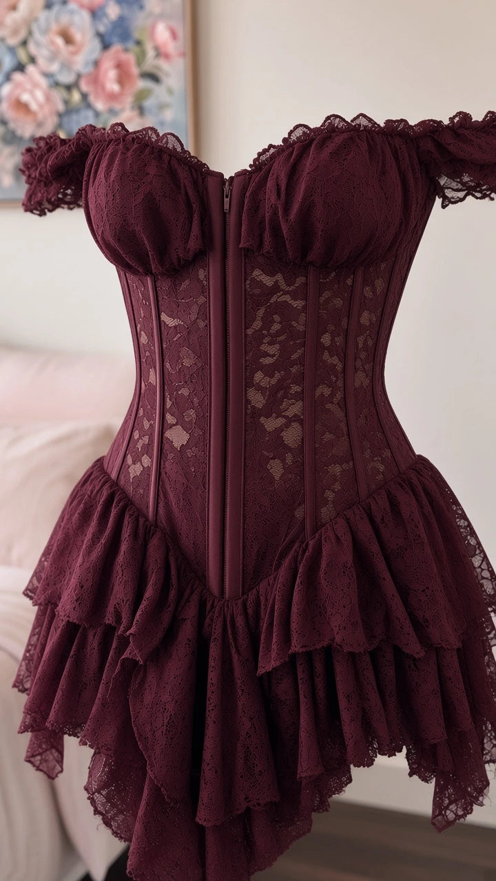 Close-up detail of burgundy lace corset bodice with visible boning and tiered ruffles