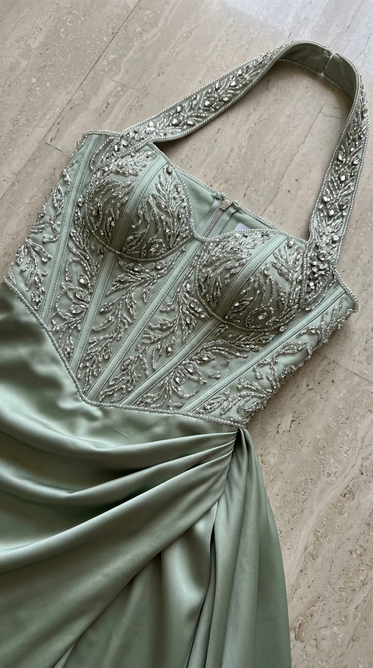 Close-up detail of the sage green bodice showing intricate beadwork, sequins, and corset boning