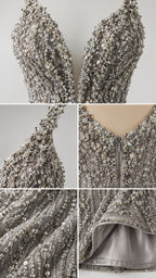 Detailed close-up of intricate beads, sequins, zipper closure, and inner lining