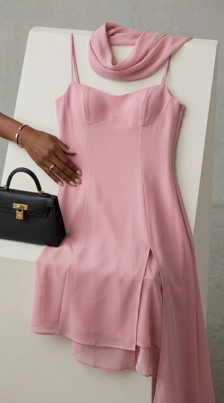 Flat lay close-up of dusty pink maxi dress with matching scarf and mini black bag