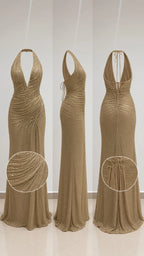Mannequin display showing front, side, and back details and fabric close-up of gold gown