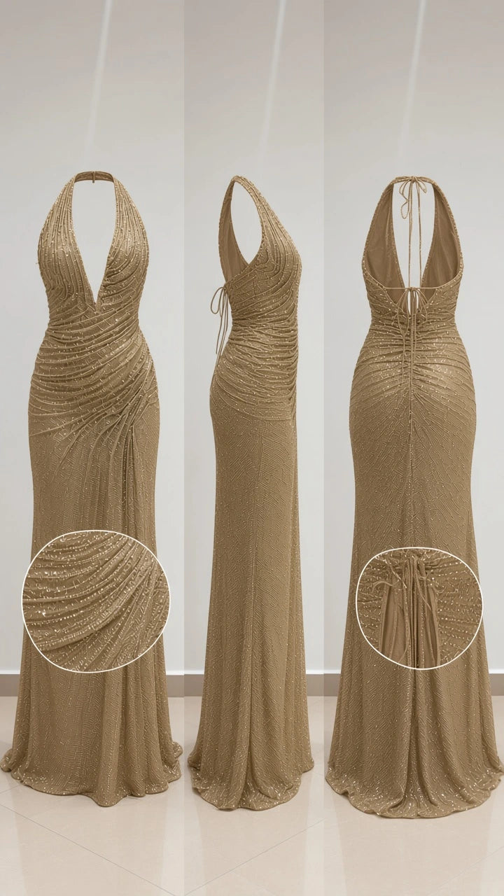 Mannequin display showing front, side, and back details and fabric close-up of gold gown