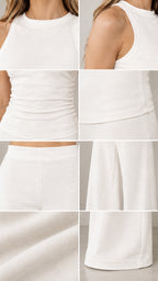 Fabric and design close-up details of neckline, hem, waistband, and knit texture