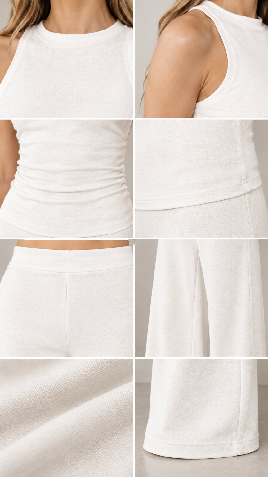 Fabric and design close-up details of neckline, hem, waistband, and knit texture