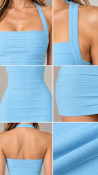 Close-up collage of light blue halter bandage mini dress fabric, seams, and neckline details