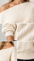 Close-up details of cream ribbed knit sweater showing asymmetrical neckline, cuff, and knit texture