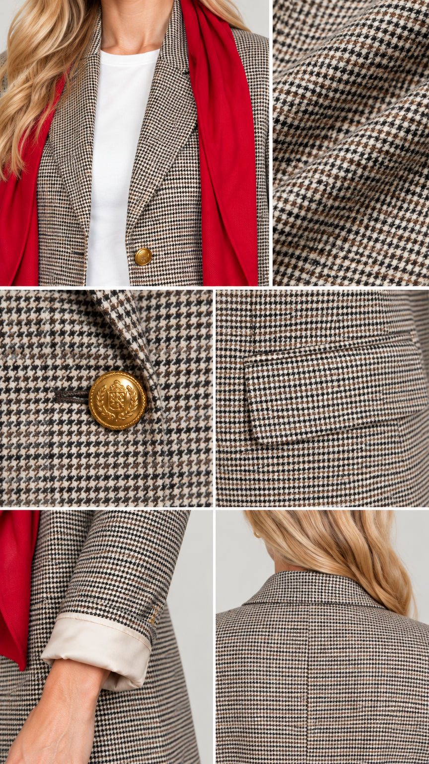 Close-up details of houndstooth fabric, embossed crest button, lapel, and pocket flap