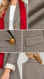Close-up details of houndstooth fabric, embossed crest button, lapel, and pocket flap
