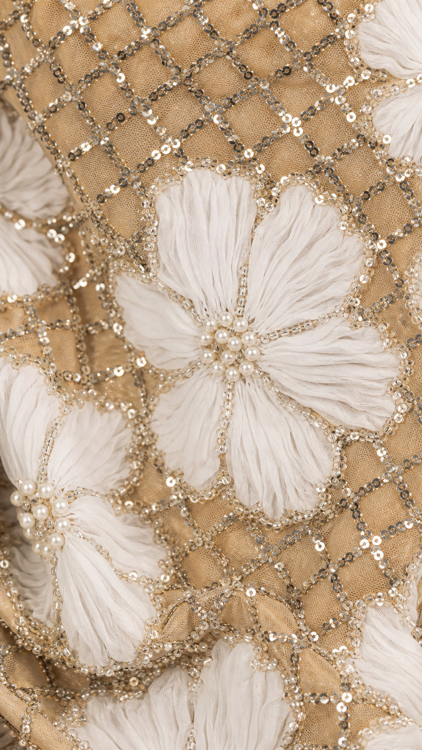 Close-up detail of sequined grid and dimensional floral embroidery