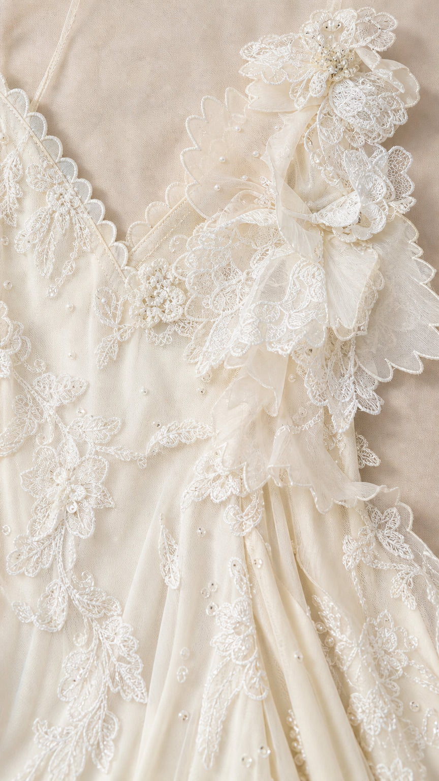 Close-up detail of delicate floral lace embroidery, scalloped V-neckline, and beadwork