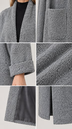 Detailed collage showing fabric texture, cuff, patch pocket, and lining of grey bouclé duster coat