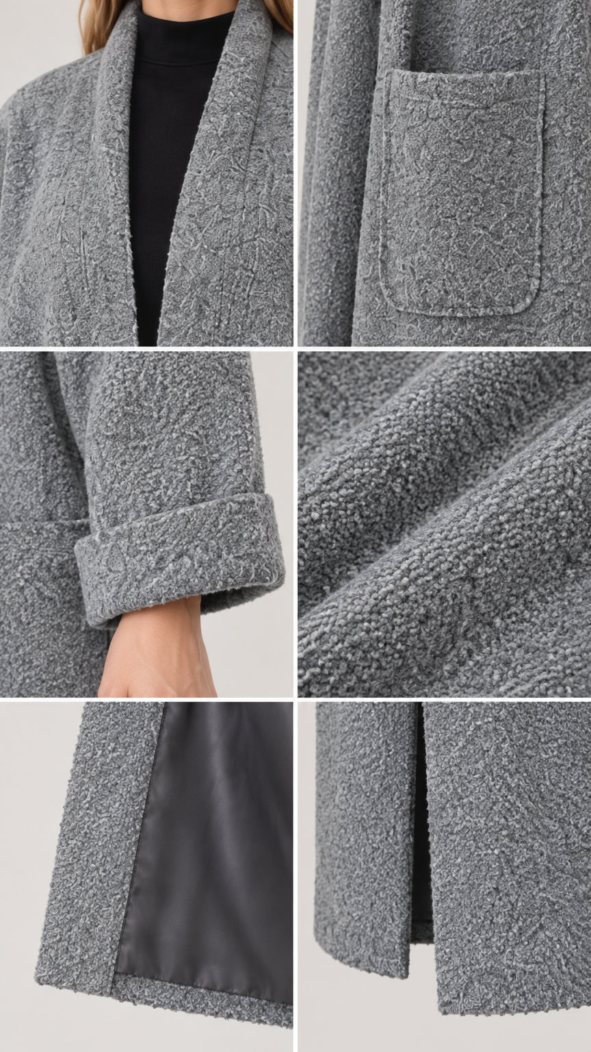 Detailed collage showing fabric texture, cuff, patch pocket, and lining of grey bouclé duster coat