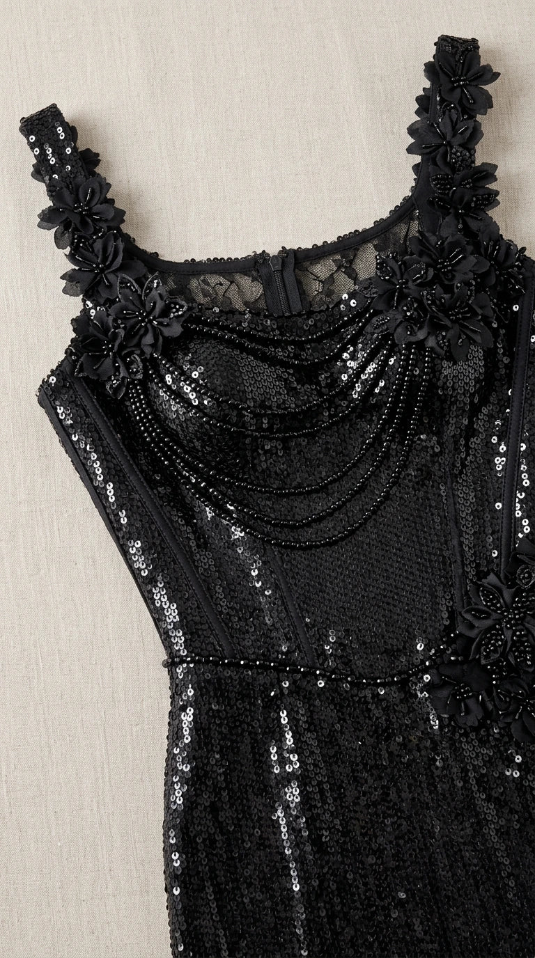 Close-up detail of black sequin gown bodice, beaded swags, and 3D floral strap trim