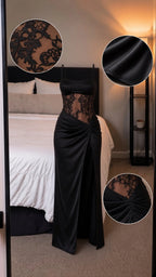 Close-up details of black sheer lace midriff, satin fabric, and gathered slit