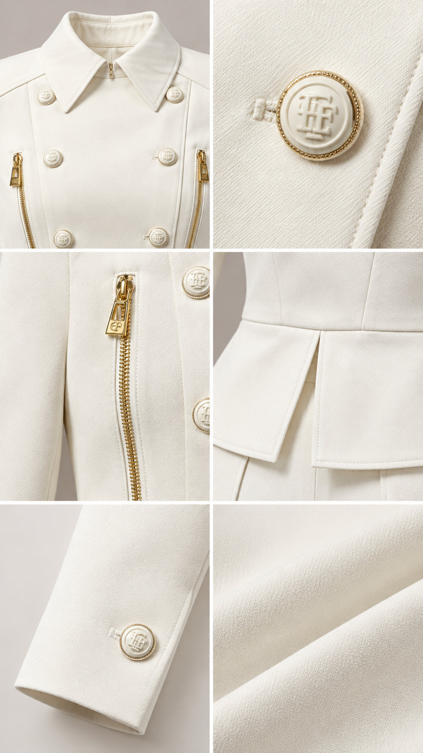 Close-up details of collar, gold crest buttons, zipper accents, pleated hem, and fabric texture