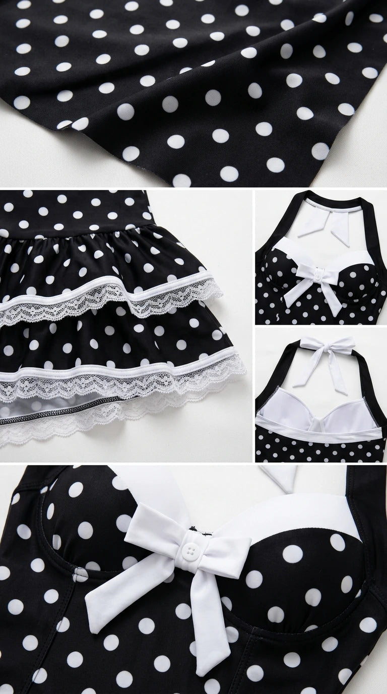 Close-up details of black polka dot fabric, lace-trimmed ruffles, and sweetheart bow neckline