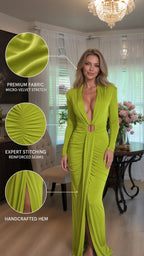 Detailed feature collage of lime green stretch evening dress showing neckline hardware, ruching, and slit