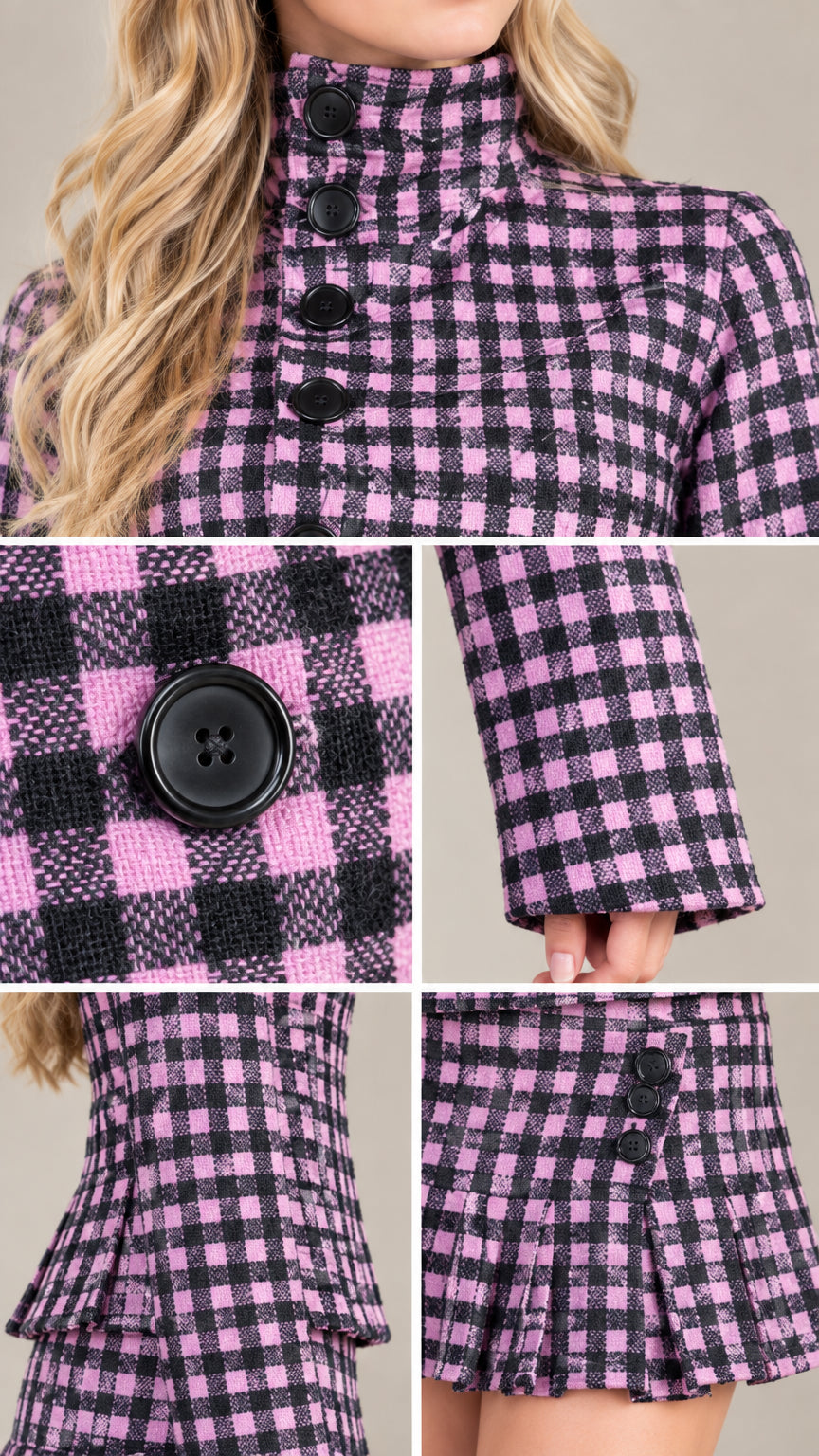 Close-up details of high-neck buttons, woven plaid fabric, cuff, and pleated skirt hem