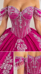 Close-up of fuchsia gown bodice, neckline, sleeve, and floral embellishment details