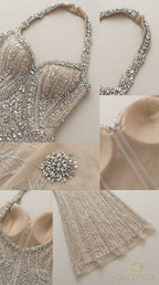 Close-up detail collage of halter strap, bustier cups, zip closure, and beadwork