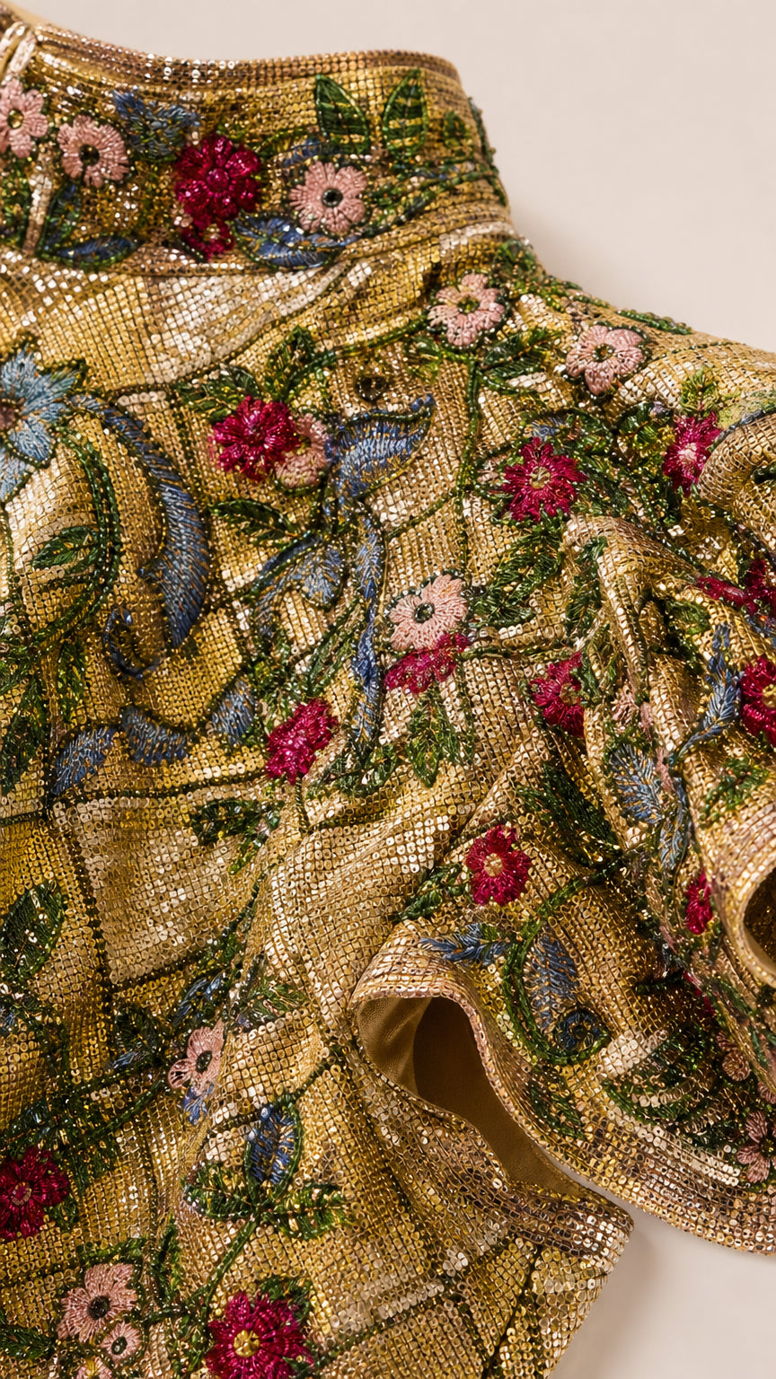 Close-up detail of intricate floral beading and embroidery on the high neckline