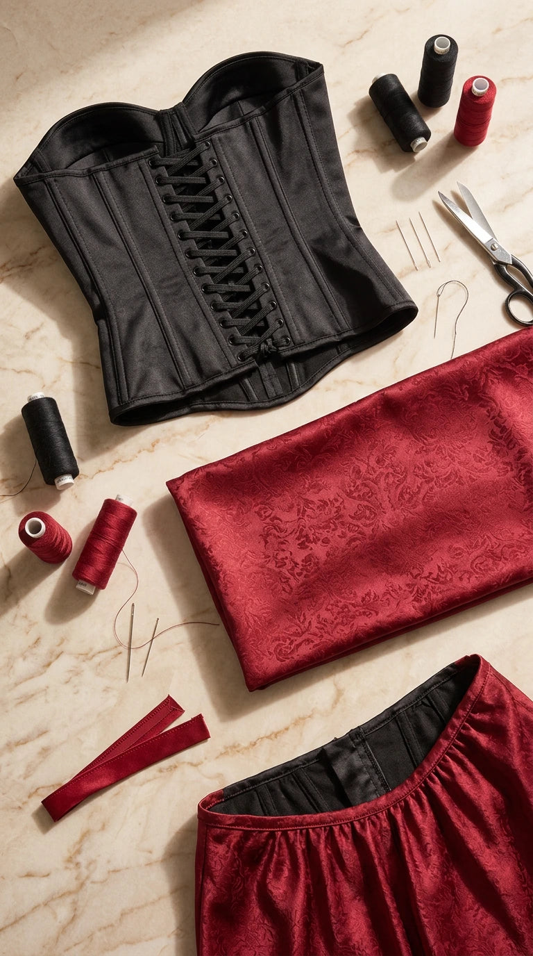 Flat lay view showing black lace-up corset detail and folded burgundy satin skirt fabric