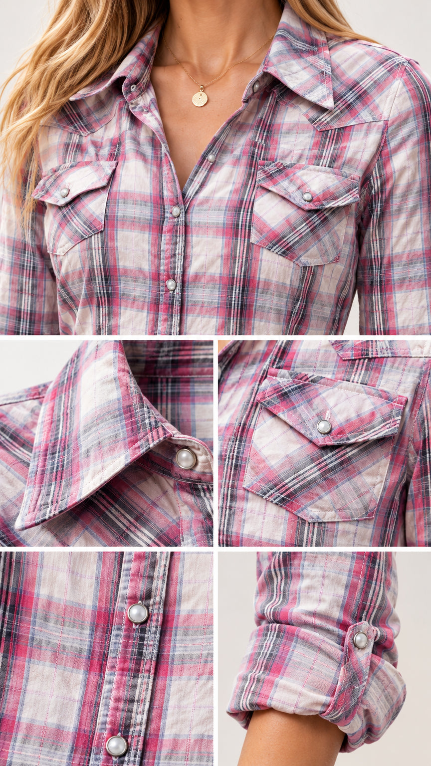 Detailed close-up collage of pink plaid western shirt showing collar, chest pockets, buttons, and cuff tabs