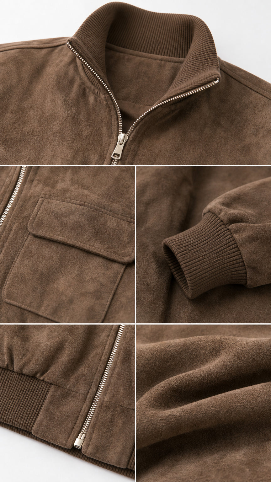 Close-up details of brown faux suede jacket showing collar, zipper, flap pocket, ribbed cuff, and fabric texture