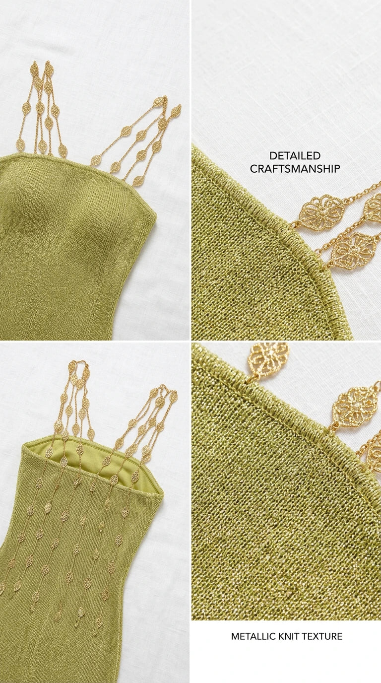 Close-up detail shots showing metallic knit texture, delicate caged straps, and dangling charm accents
