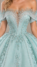 Close-up detail of crystal beadwork and illusion off-shoulder neckline on mint green bodice