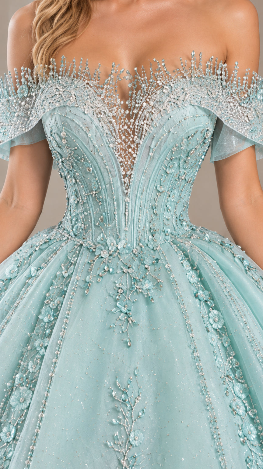 Close-up detail of crystal beadwork and illusion off-shoulder neckline on mint green bodice