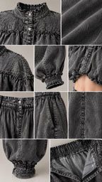 Detailed close-ups of ruffled collar, studded shoulder trim, fabric texture, elastic cuffs, and trouser waistband