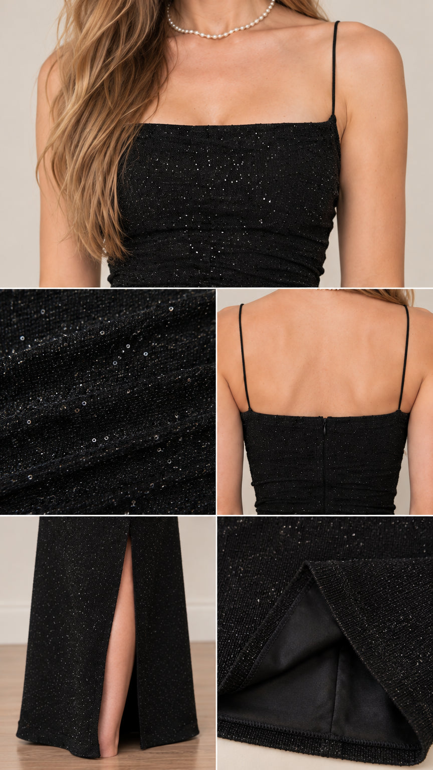 Close-up details of black glitter dress including neckline, sparkle texture, back zipper, and back hem slit