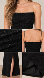 Close-up details of black glitter dress including neckline, sparkle texture, back zipper, and back hem slit