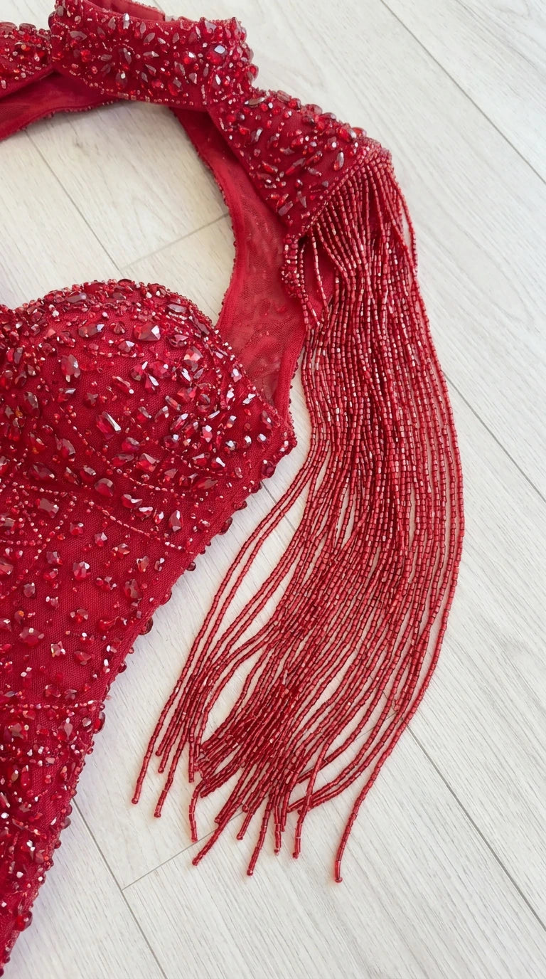 Close-up detail of high collar neckline and red beaded fringe sleeve embellishments