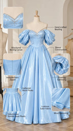 Detailed diagram of light blue corset dress showing boning, beading, and pleating details