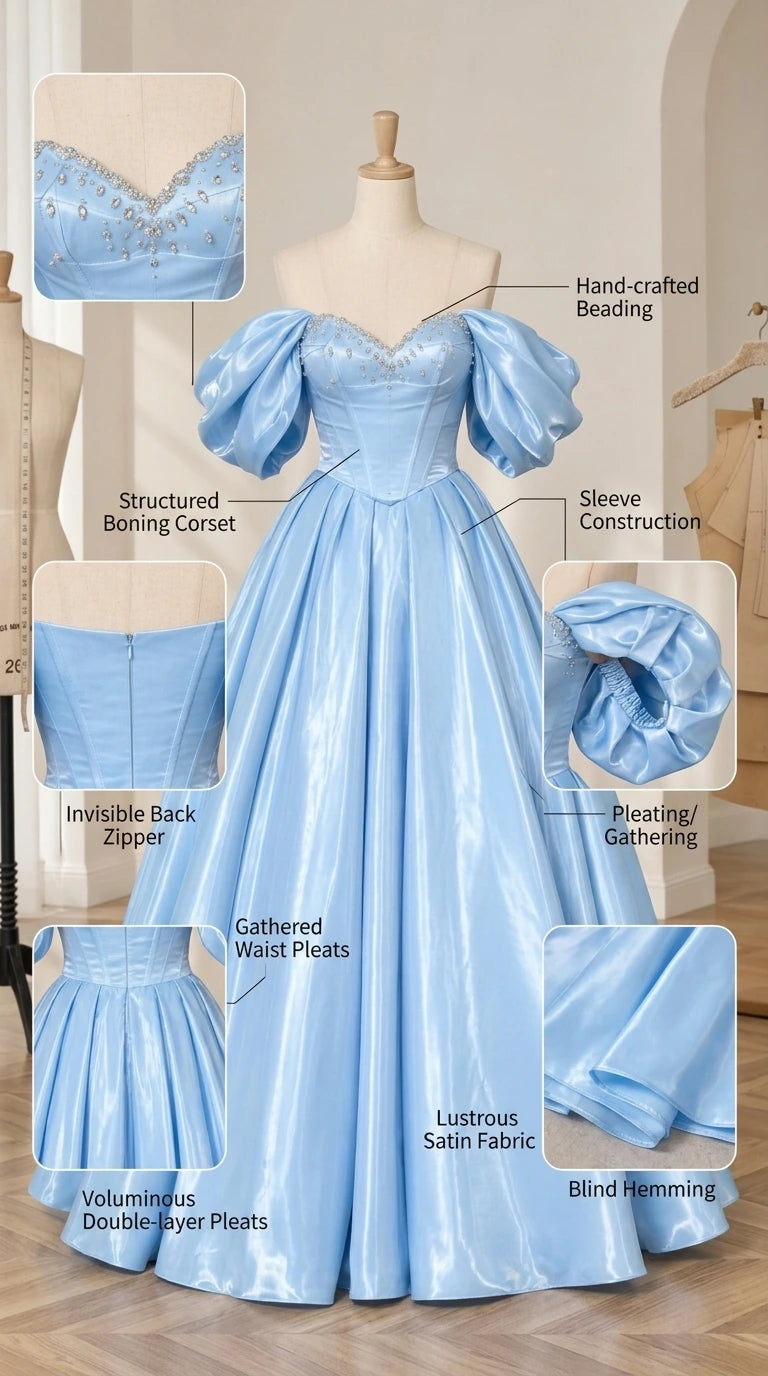 Detailed diagram of light blue corset dress showing boning, beading, and pleating details
