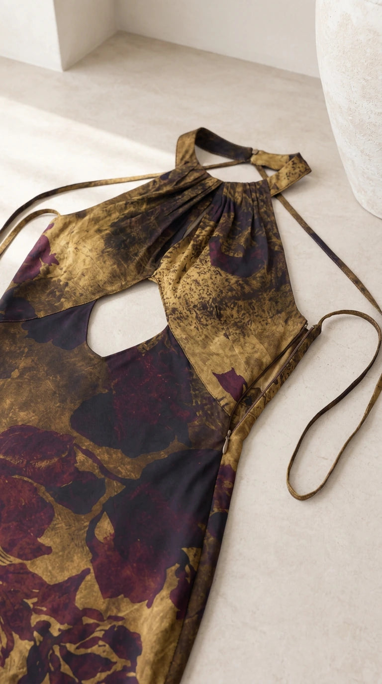 Flat lay close-up detail of gathered halter neckline and front cutout