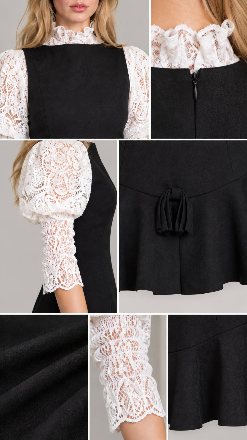 Close-up details of ruffled collar, lace fabric, tassel trim, and back zipper