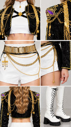 Close-up details of gold shoulder epaulets, chains, star pendants, and layered belt hardware