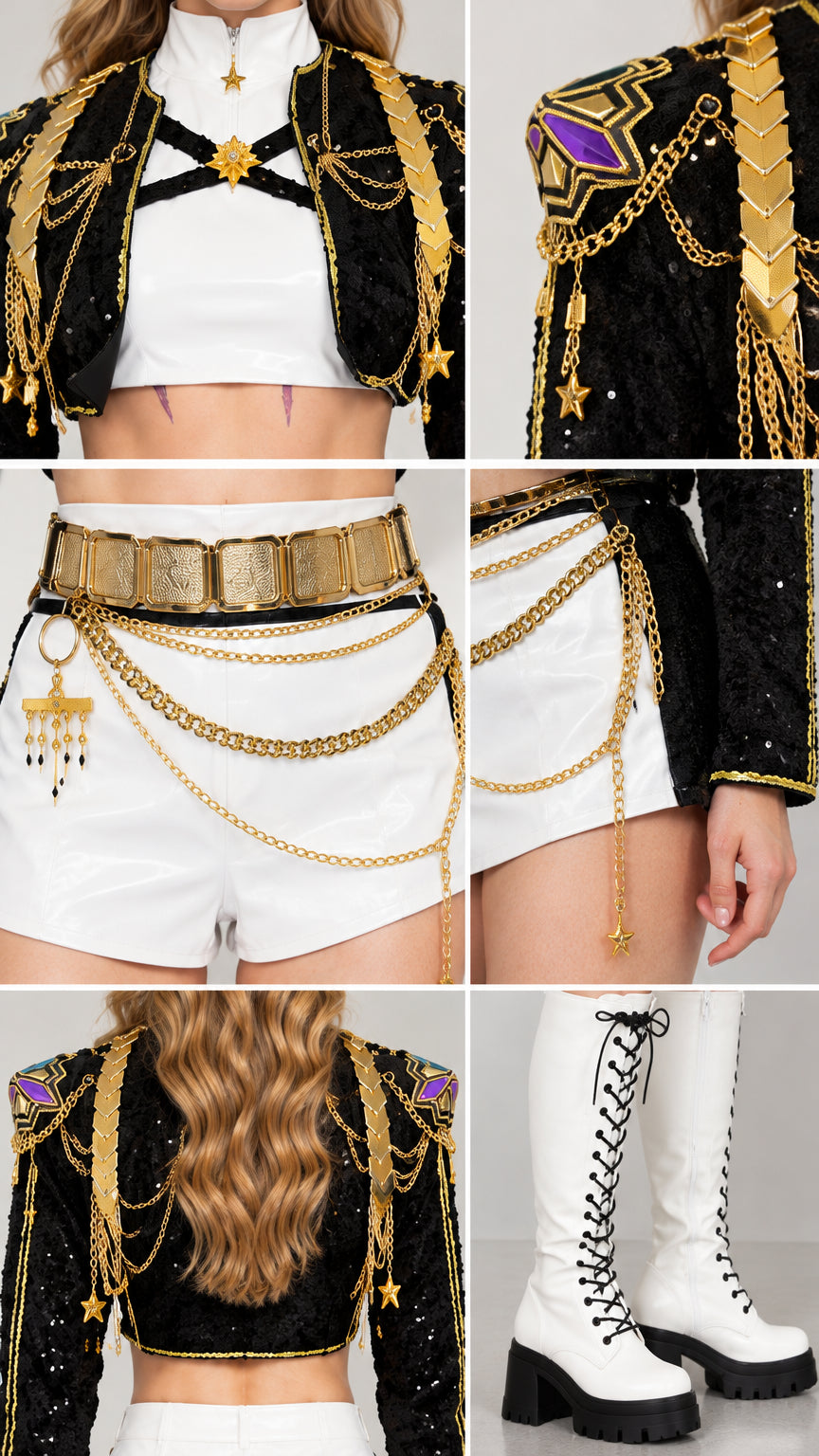 Close-up details of gold shoulder epaulets, chains, star pendants, and layered belt hardware