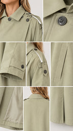 Close-up details of collar, shoulder tabs, cuff buttons, lining, and pocket of sage green duster