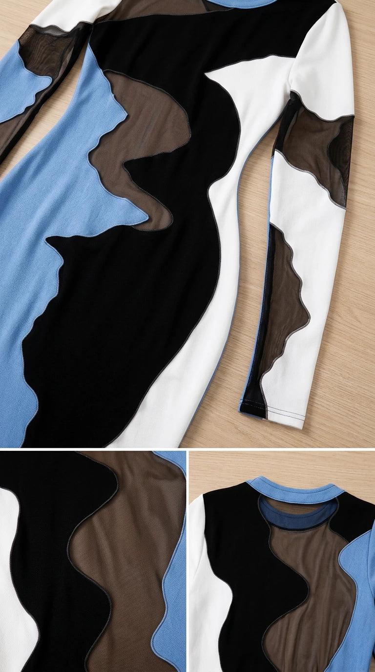 Close-up detail of sheer mesh inserts and wavy stitching on colorblock dress