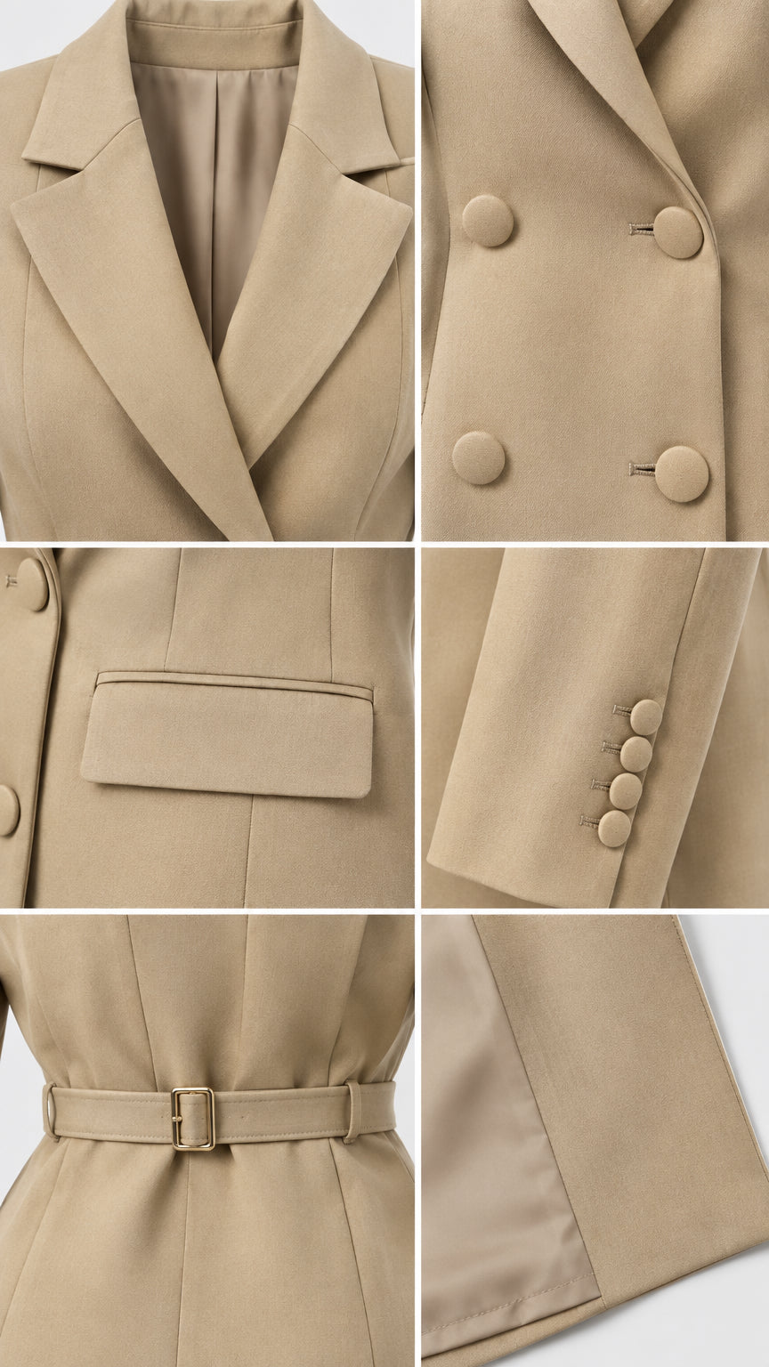 Detailed composite view of blazer dress lapels, covered buttons, flap pocket, button cuffs, and lining