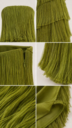 Detailed collage showing tiered fringe texture, neckline, concealed side zipper, and lining