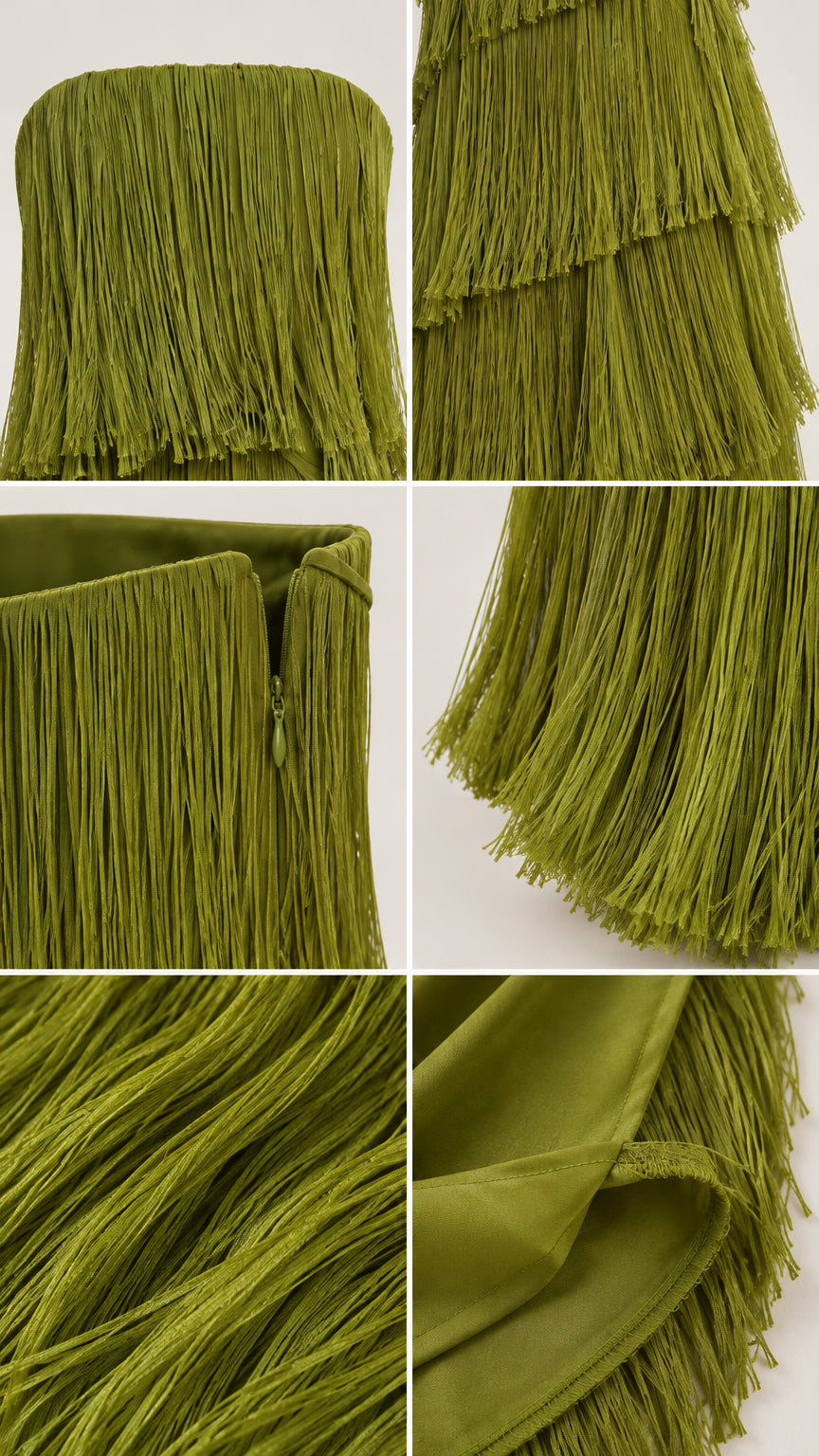 Detailed collage showing tiered fringe texture, neckline, concealed side zipper, and lining